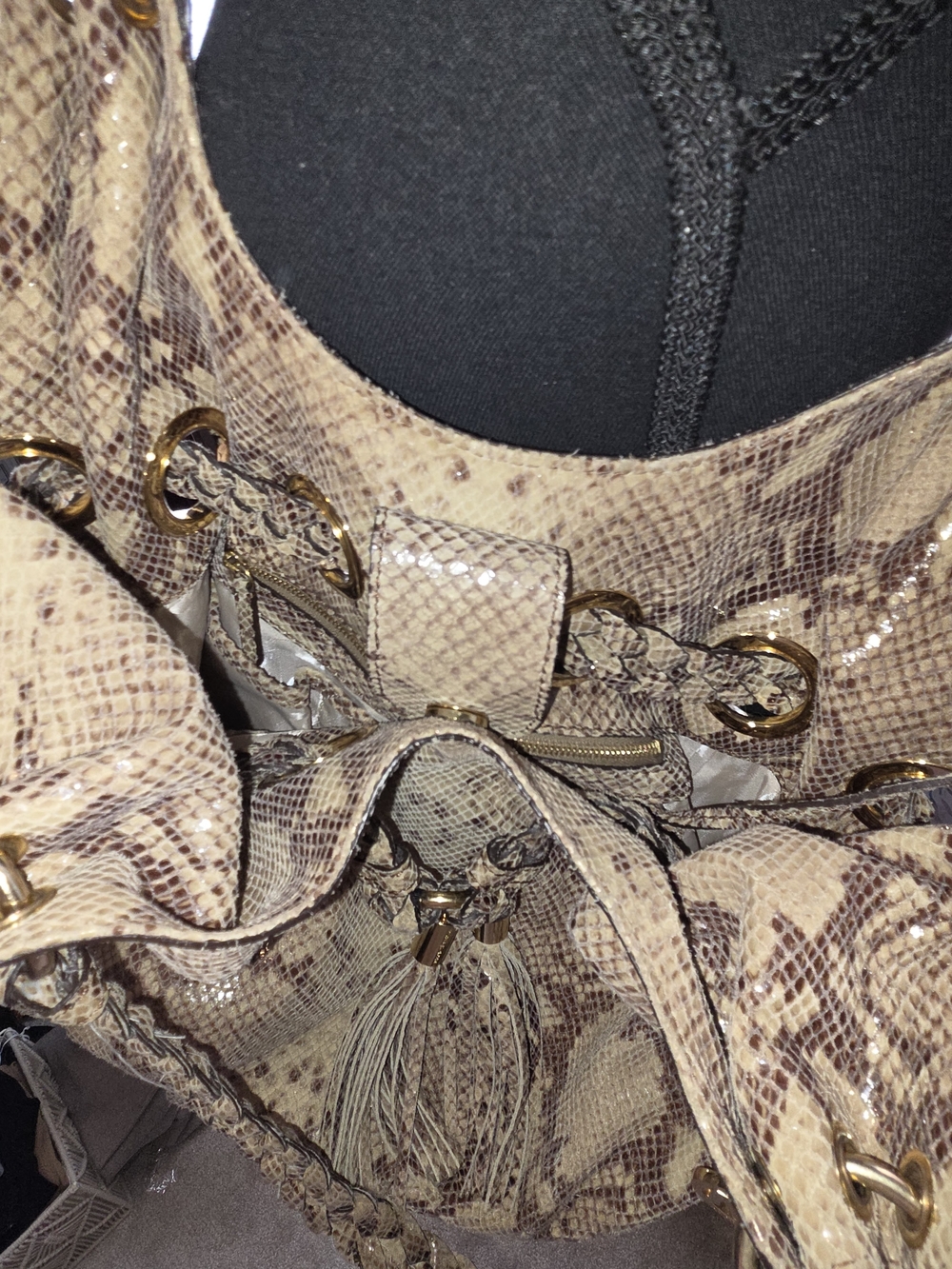 Michael Kors Taupe Snakeskin-Print Shoulder Bag with Tassel - Picture 9 of 13
